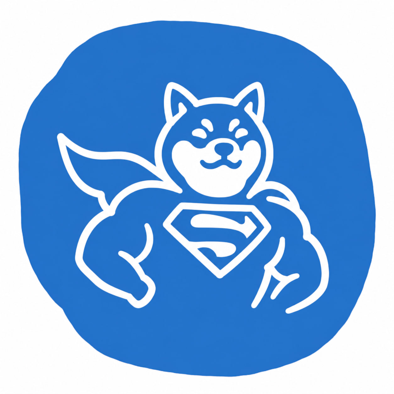 Hand-drawn blue and white Super Inu standing heroically